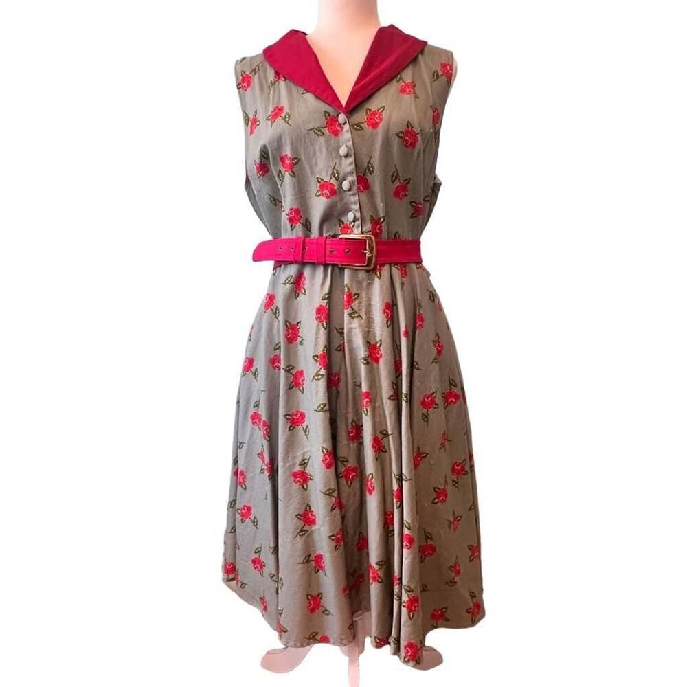 miss lulo Vintage Style Floral Rose Print Sleeveless Midi Dress with Belt Size 2